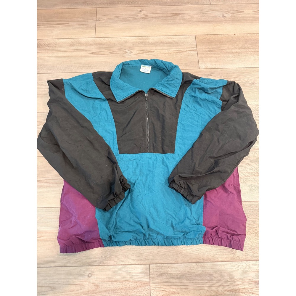 Vintage Cheetah Colorblock Windbreaker Teal Purple Black 1/4 Zip Pullover Large